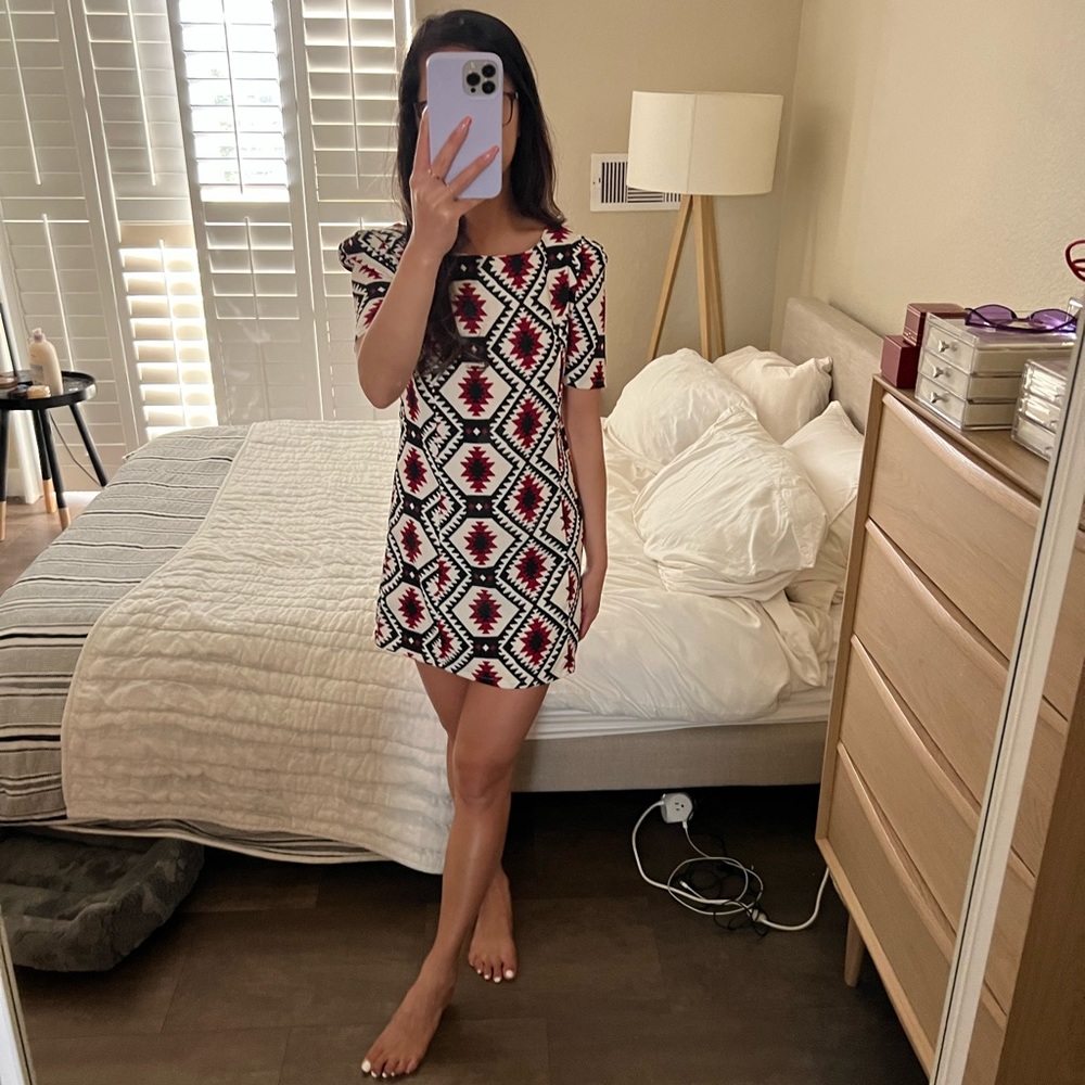 Geometric Patterned Mini Dress - Black, White, Red